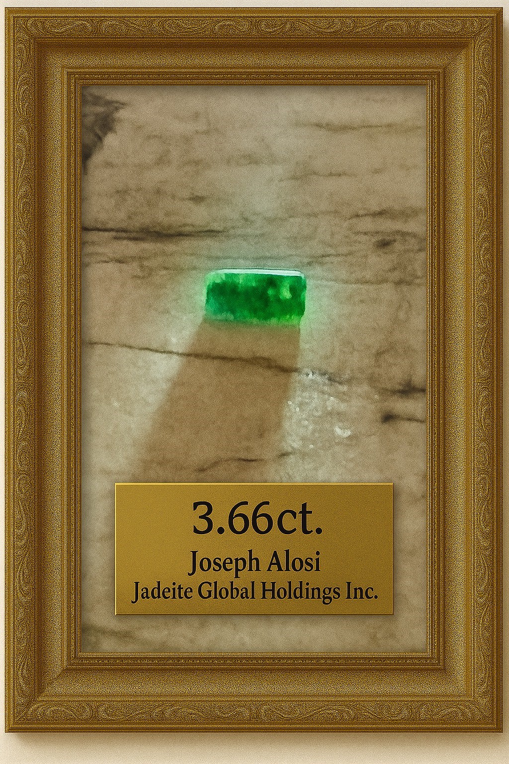 3.66ct glowing Fei Cui jadeite bar in gold frame